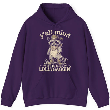 Y'all Mind IF I DO SOME Lollygagging' Funny Cowboy Raccoon Hoodie - product mockup - Purple