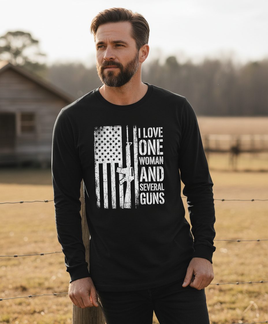 I LOVE ONE WOMAN AND Several GUNS Funny Pro-Gun Long Sleeve Tee - lifestyle model mockup - Black