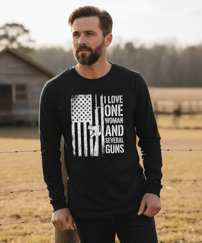 I LOVE ONE WOMAN AND Several GUNS Funny Pro-Gun Long Sleeve Tee - lifestyle model mockup - Black