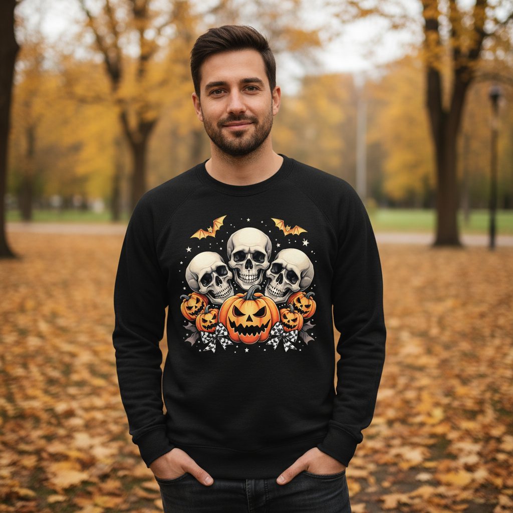 Skulls and Pumpkins Halloween Halloween Sweatshirt Black lifestyle mockup