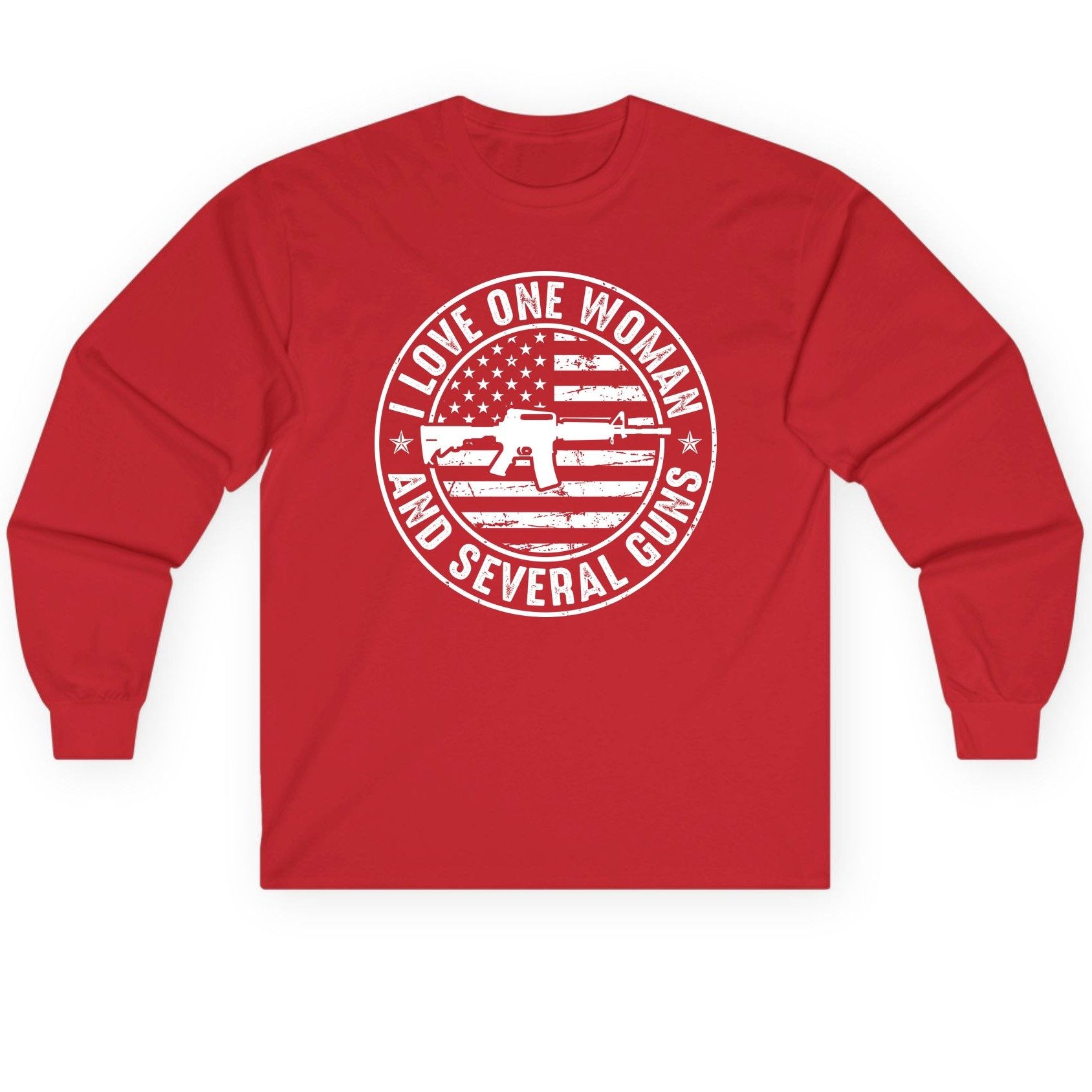 I LOVE ONE WOMAN AND Several GUNS Funny Gun Owners Long Sleeve Tee - product mockup - Red