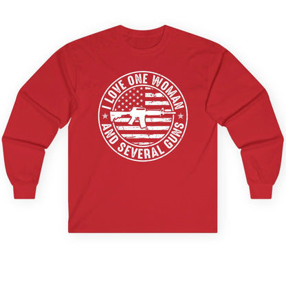 I LOVE ONE WOMAN AND Several GUNS Funny Gun Owners Long Sleeve Tee - product mockup - Red