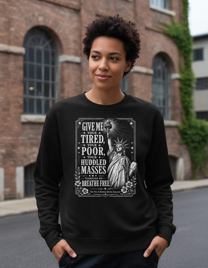 Give Me Your Tired Statue of Liberty Vintage Patriots Sweatshirt - lifestyle model mockup - Black