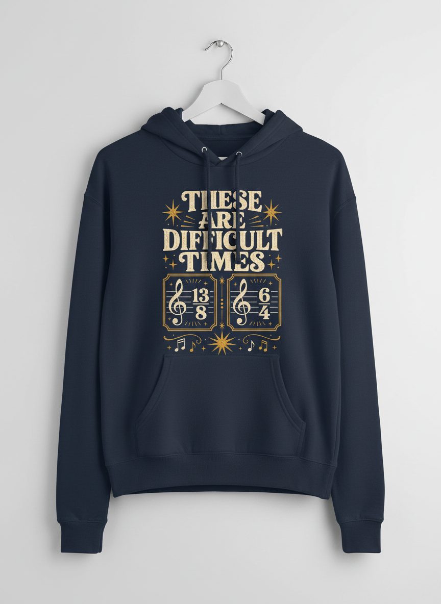 These Are Difficult Times Funny Music Pun Hoodie - product mockup - Navy