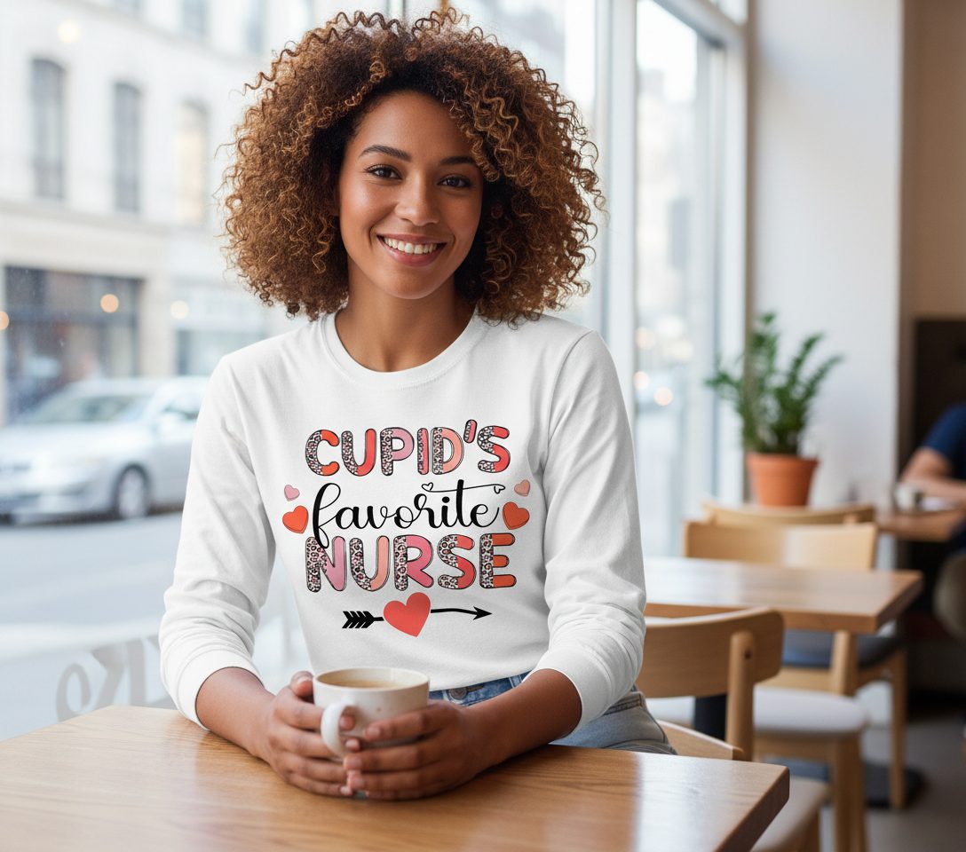 Cupid's Favorite Nurse nurse Long Sleeve Tee White lifestyle mockup