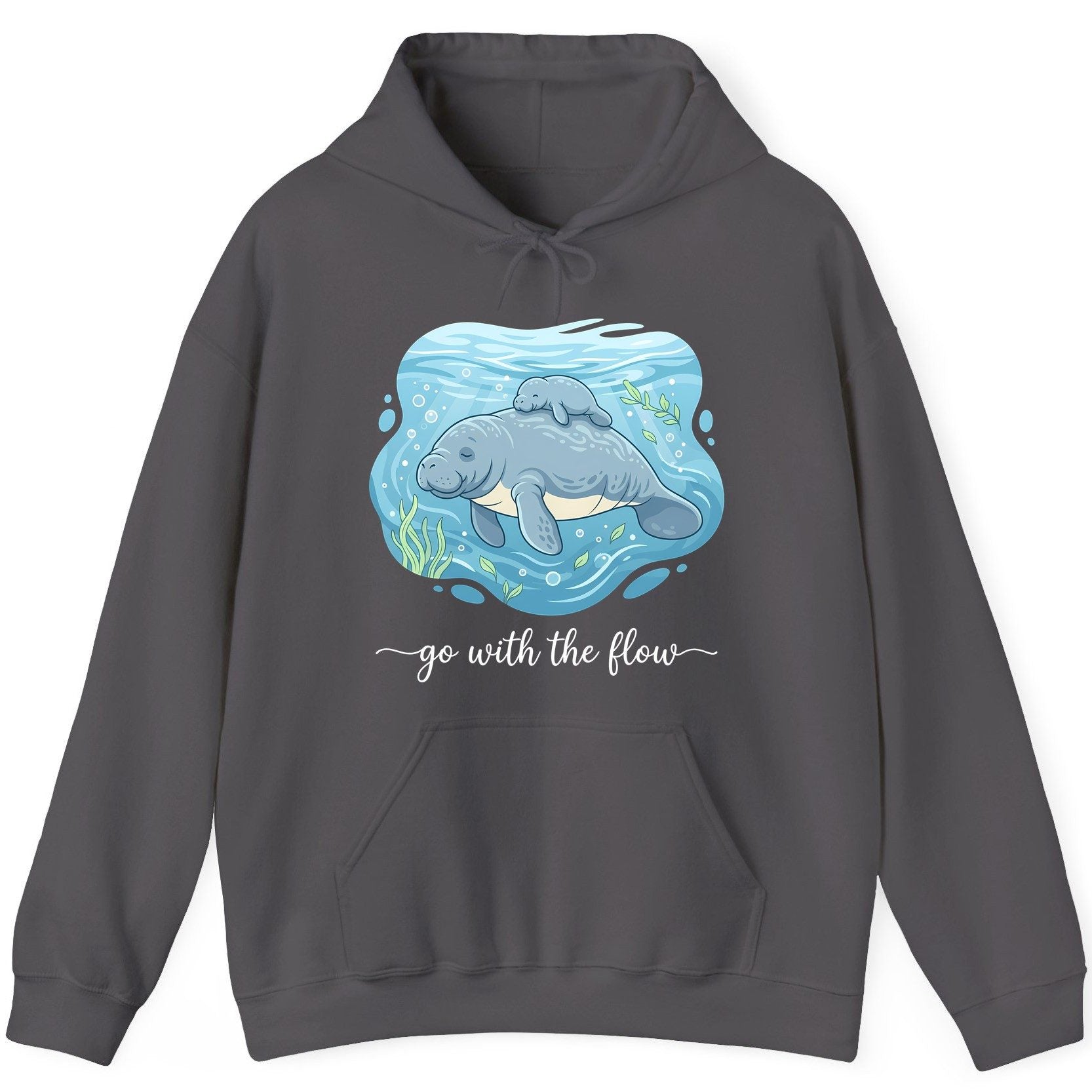 Go with the Flow Manatee Hoodie - product mockup - Charcoal
