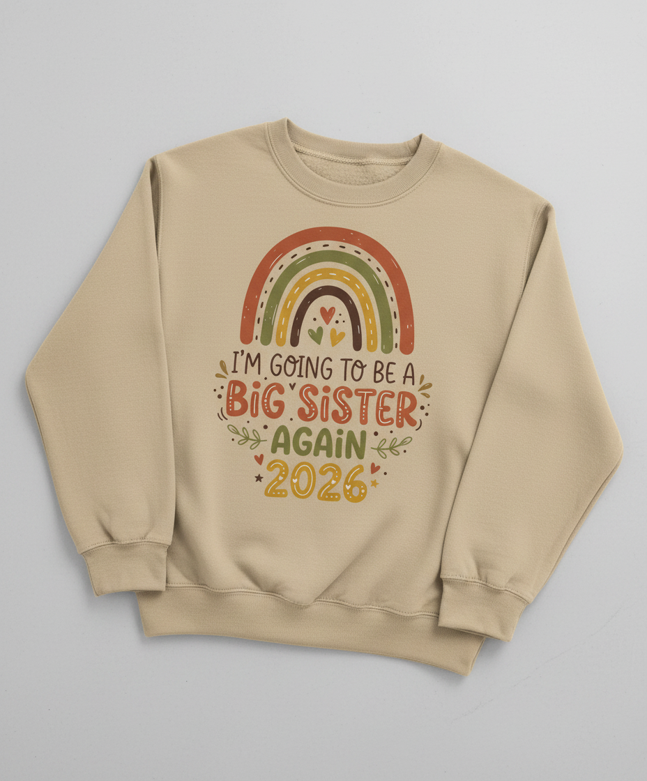 I'm Going to Be a Big Sister Again 2026 Boho Rainbow Announcement Sweatshirt - Sand