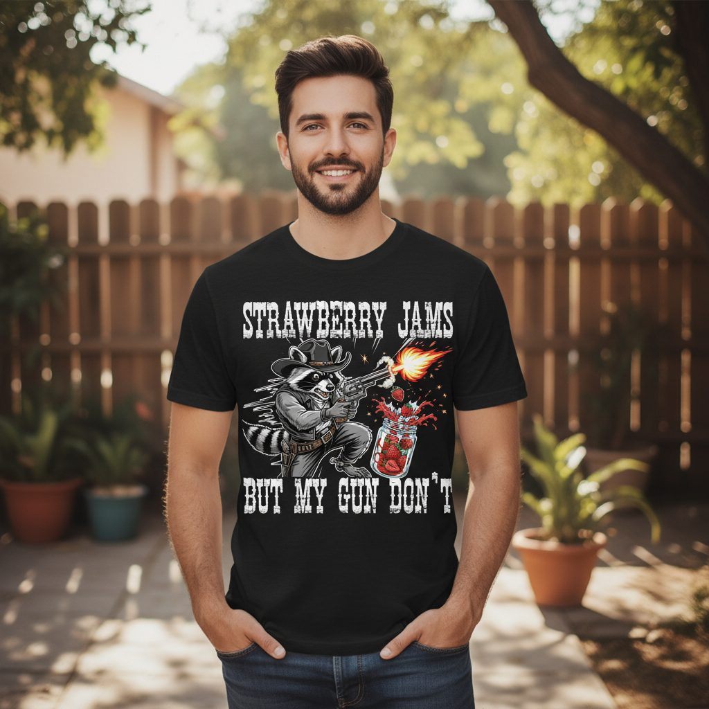 Strawberry Jams but My Gun Don't raccoon T-Shirt Black lifestyle mockup