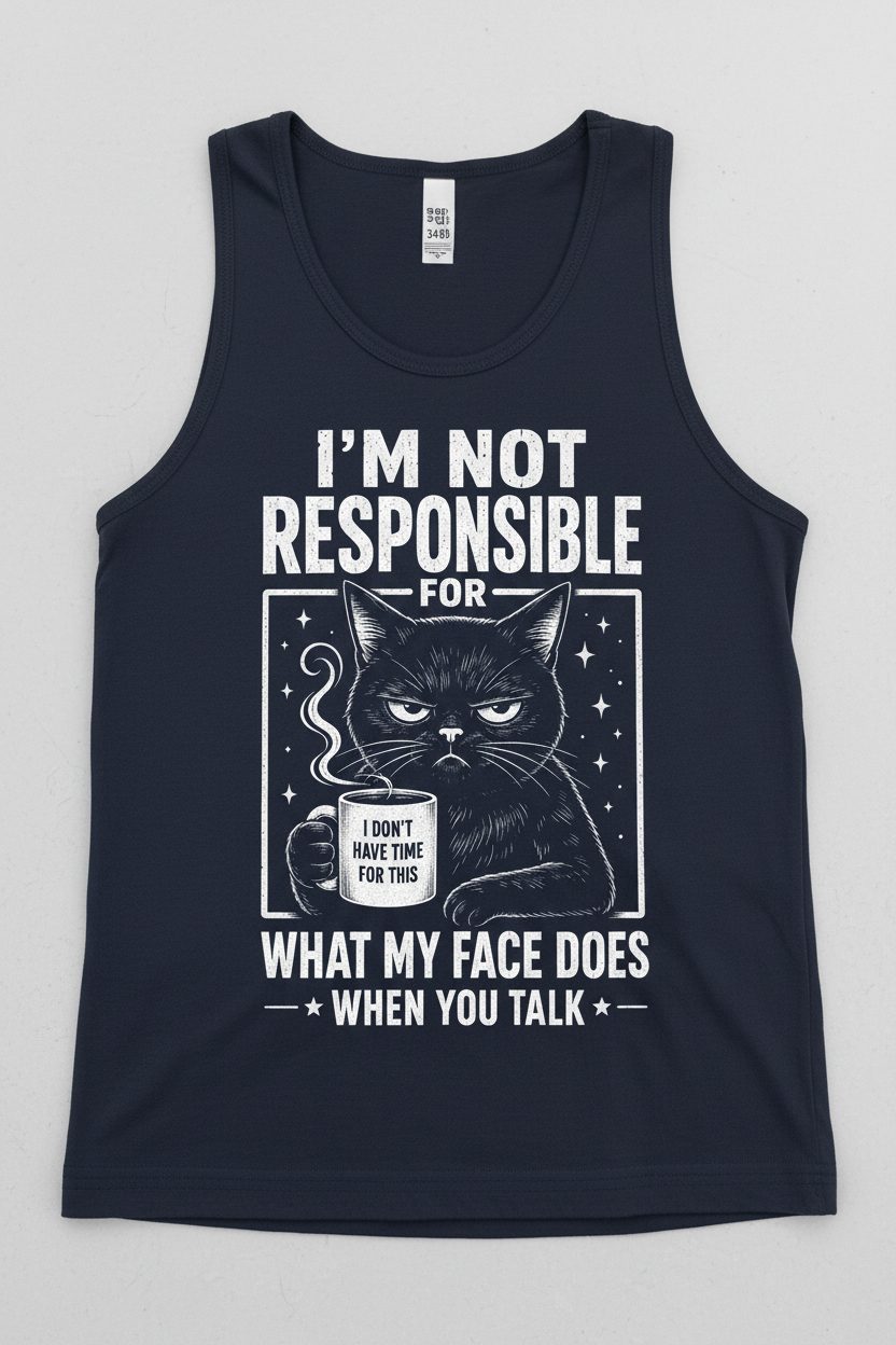 I'm Not Responsible for What My Face Does When You Talk Funny Sarcastic Cat Tank Top - product mockup - Navy