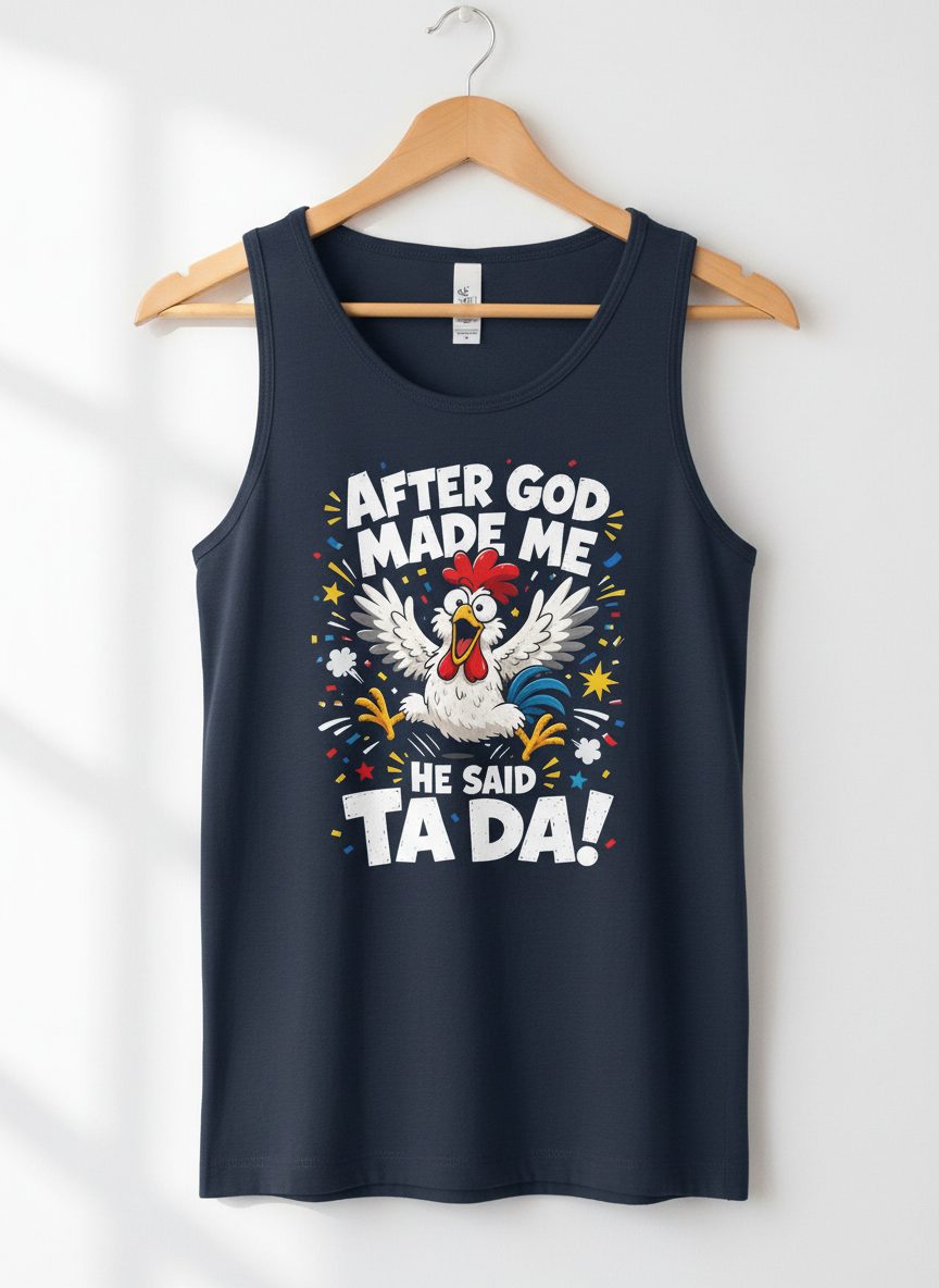 After God Made Me He Said Ta Da Funny Rooster Tank Top - product mockup - Navy