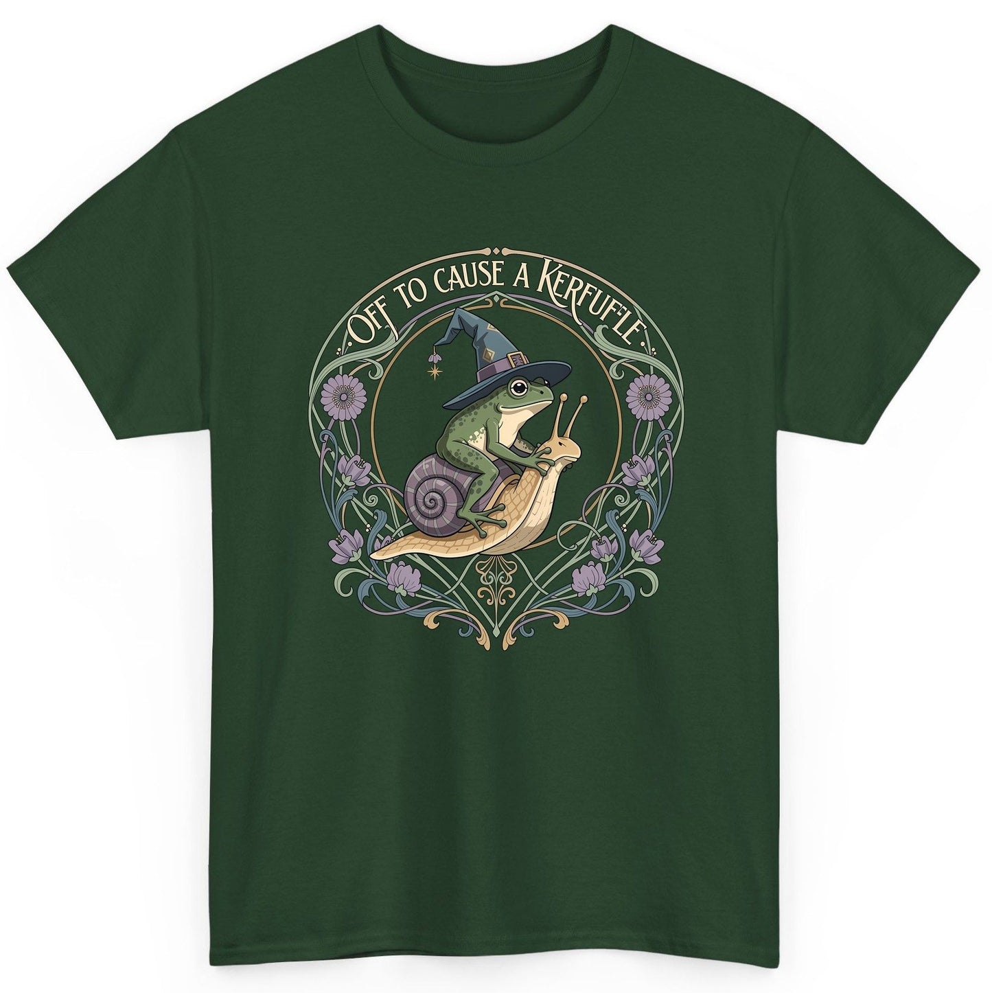 Off to Cause a Kerfuffle frog riding a snail T-Shirt Forest Green product mockup