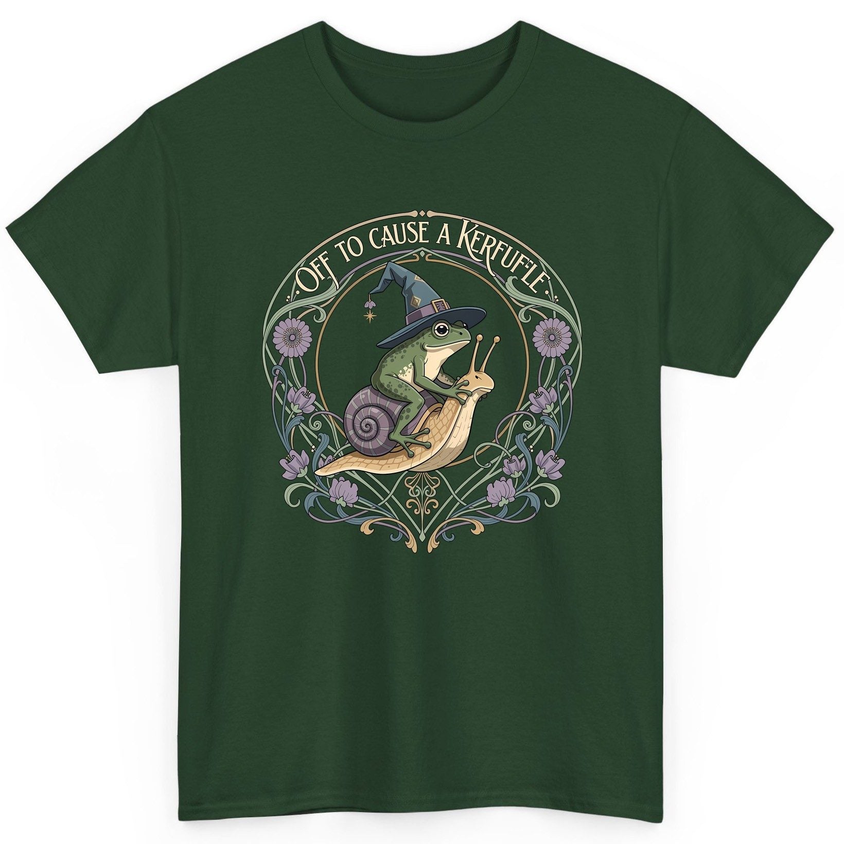 Off to Cause a Kerfuffle frog riding a snail T-Shirt Forest Green product mockup