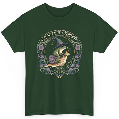 Off to Cause a Kerfuffle frog riding a snail T-Shirt Forest Green product mockup