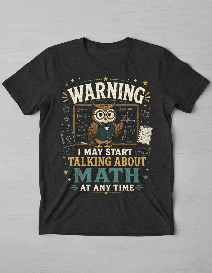 Warning I May Start Talking About Math at Any Time Funny Teachers T-Shirt - product mockup - Dark Heather