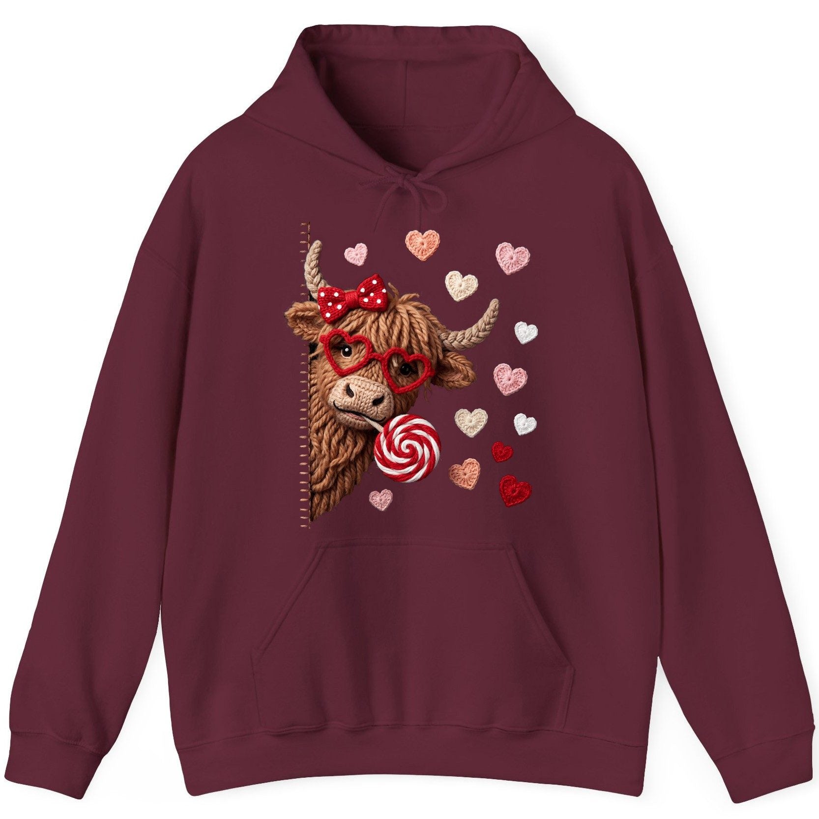 Crochet Valentine's Highland Cow highland cow Hoodie Maroon product mockup