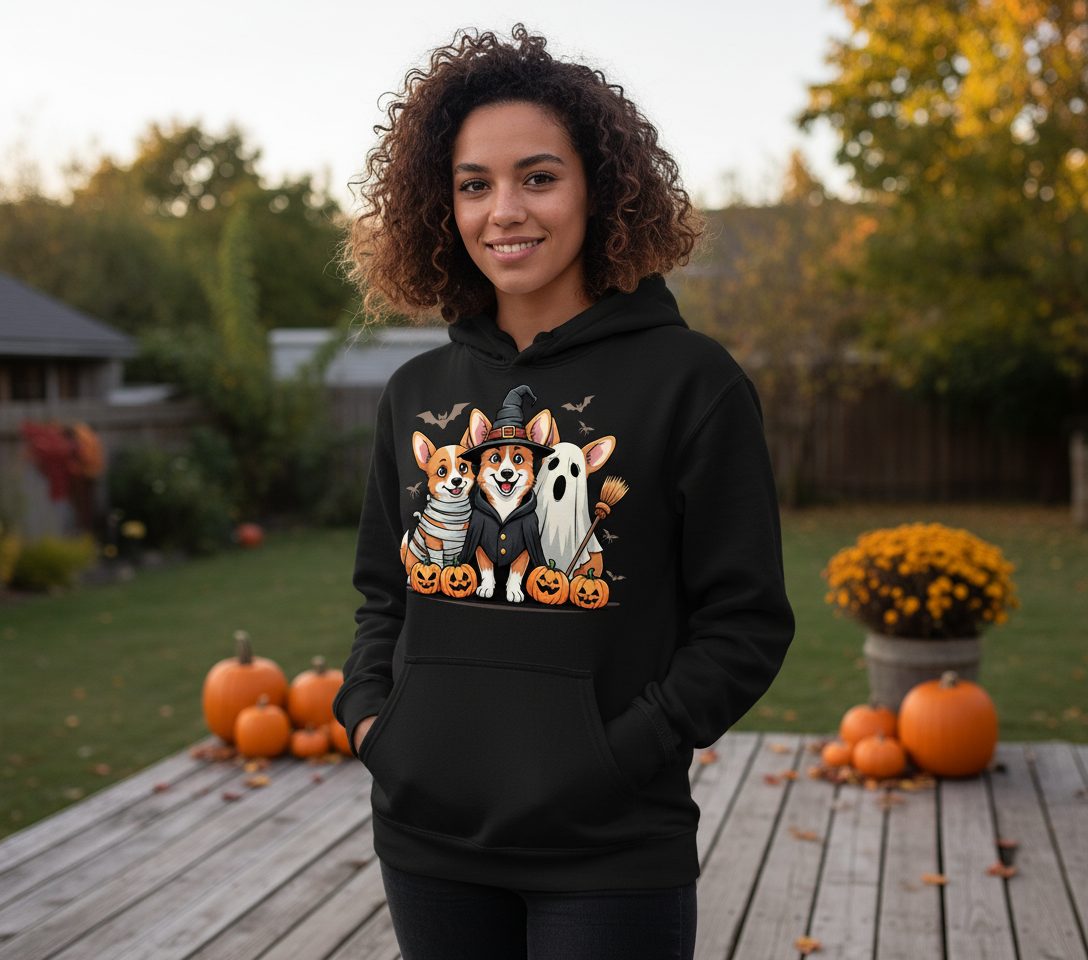 Halloween Corgi Trio Halloween corgis Hoodie Black lifestyle mockup