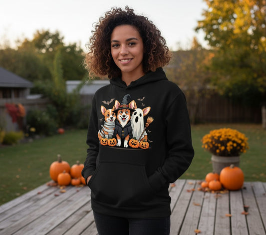 Halloween Corgi Trio Halloween corgis Hoodie Black lifestyle mockup