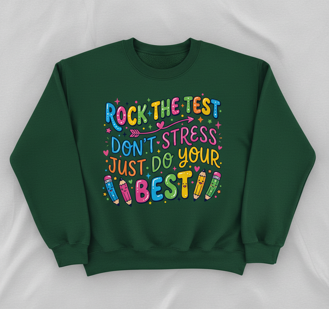 Rock The Test Don't Stress Just Do Your Best Inspirational Quote Sweatshirt - Forest Green