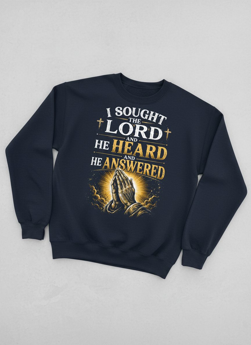 I Sought the Lord and He Heard and He Answered Christian Sweatshirt - product mockup - Navy