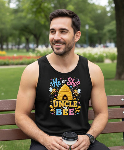 He or She Uncle to Bee Gender Reveal Tank Top - lifestyle model mockup - Black