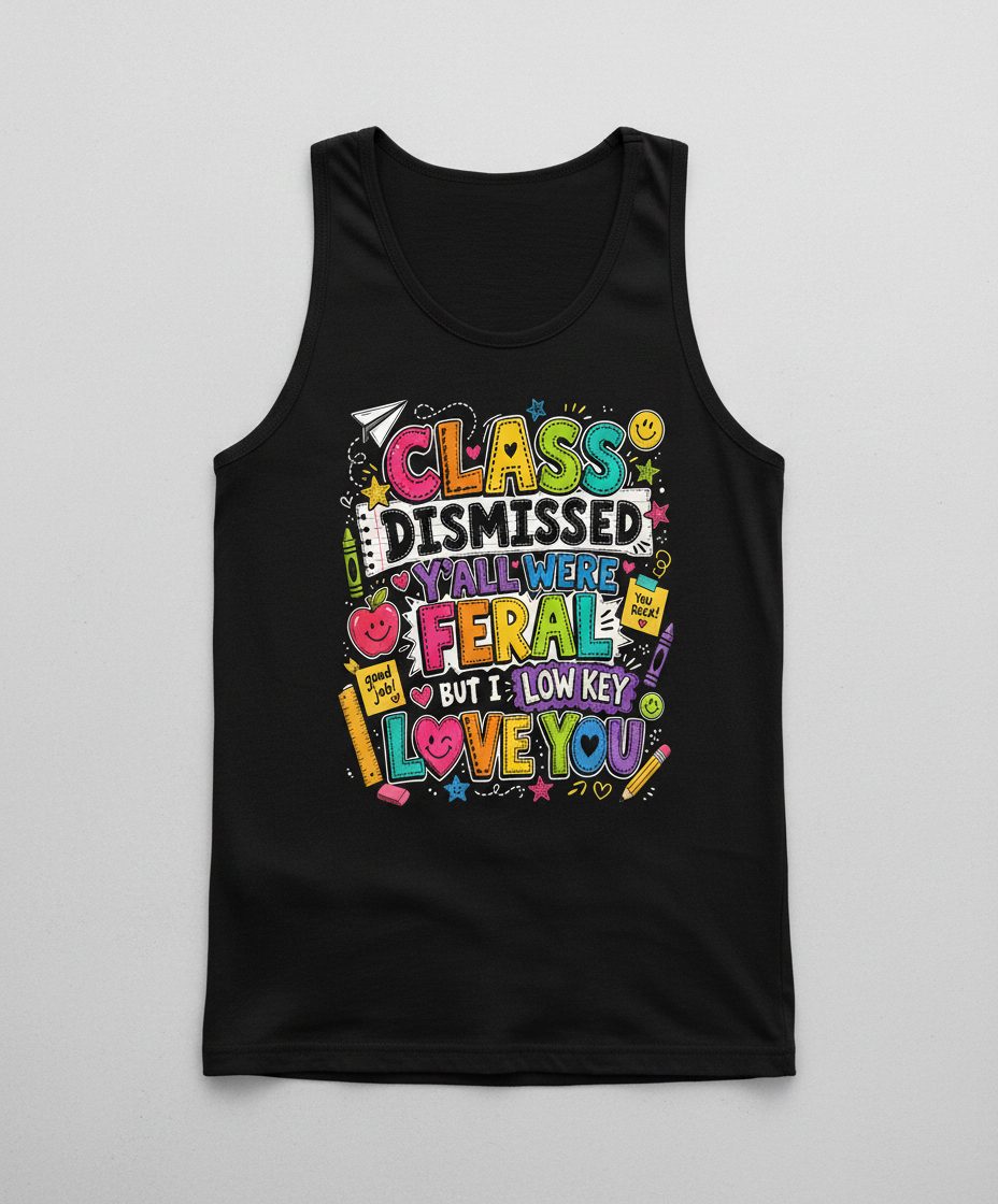 Class Dismissed Y'all Were Feral but I Low Key Love You Tank Top - product mockup - Black