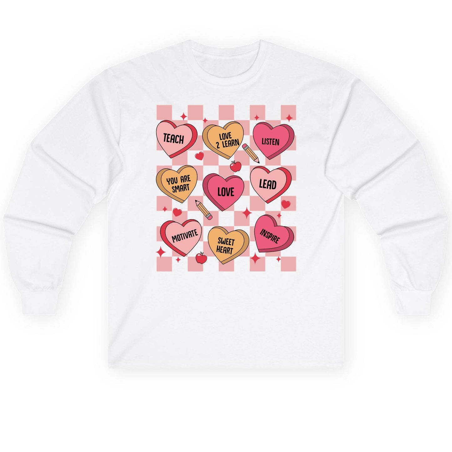 Inspirational Teacher Conversation Hearts teacher appreciation Long Sleeve Tee White product mockup