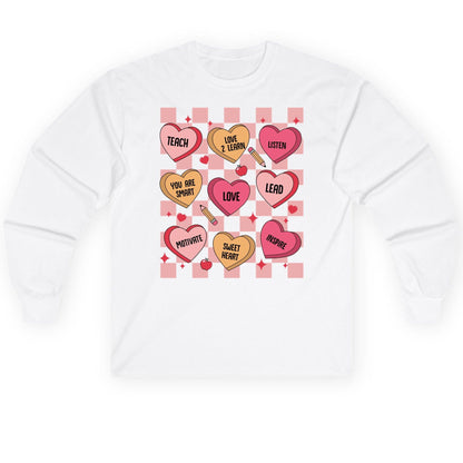 Inspirational Teacher Conversation Hearts teacher appreciation Long Sleeve Tee White product mockup