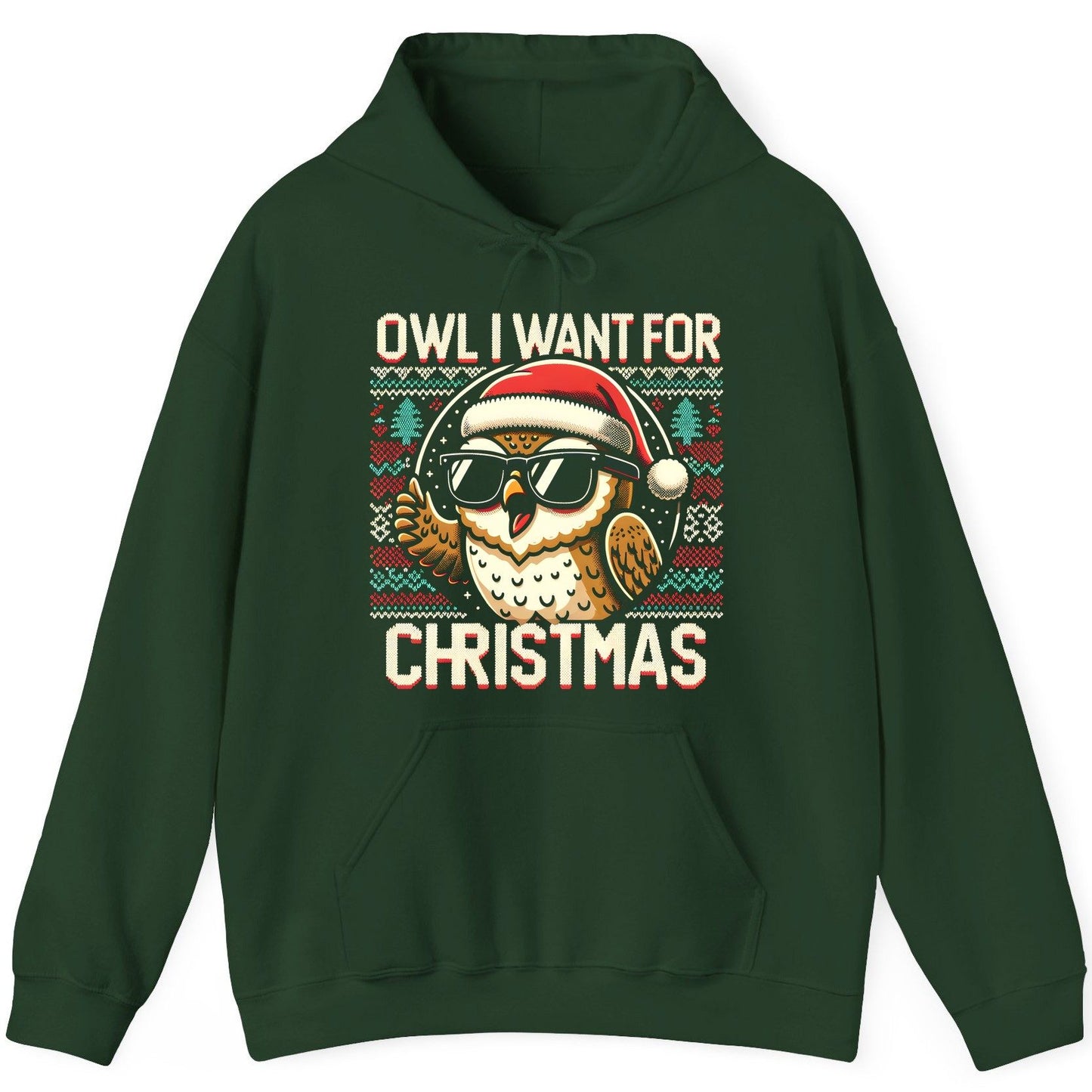 Owl I Want for Christmas Christmas owl Hoodie Forest Green product mockup