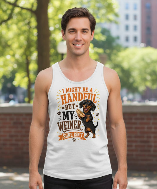 I Might Be a Handful but My Weiner Sure Isn't dachshund Tank Top White lifestyle mockup