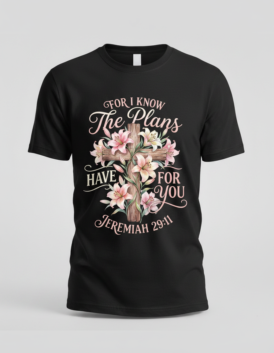 Jeremiah 29:11 For I Know The Plans I Have For You Cross and Lilies T-Shirt - Black