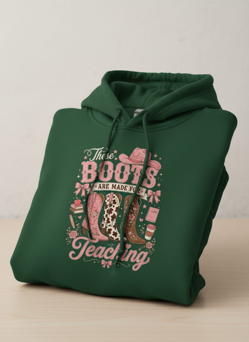These Boots Are Made for Teaching Teacher Hoodie - product mockup - Forest Green