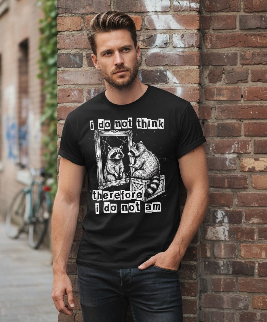 I Do Not Think Therefore I Do Not Am raccoon T-Shirt Black lifestyle mockup