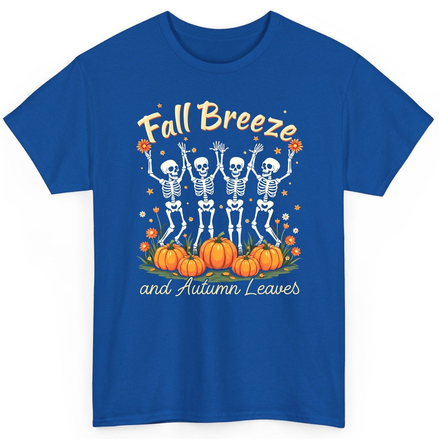 Fall Breeze and Autumn Leaves dancing skeletons T-Shirt Royal product mockup