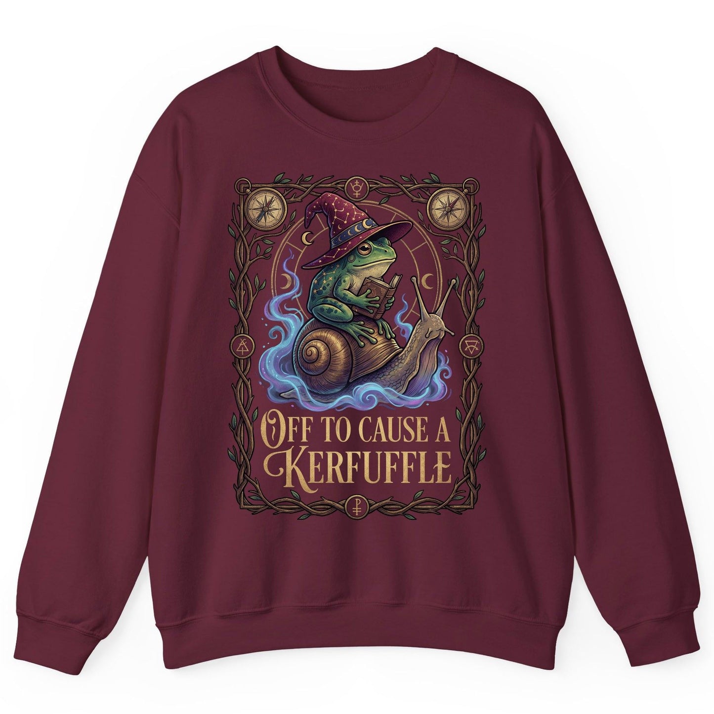 Off to Cause a Kerfuffle frog wizard Sweatshirt Maroon product mockup