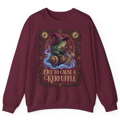 Off to Cause a Kerfuffle frog wizard Sweatshirt Maroon product mockup
