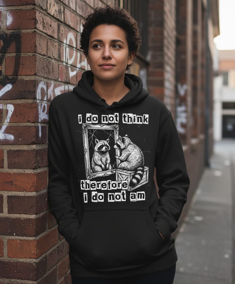 I Do Not Think Therefore I Do Not Am raccoon Hoodie Black lifestyle mockup