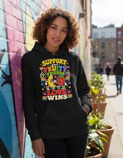 Support Your Fruity Friends Love Wins Retro Lgbtq+ Pride Hoodie - lifestyle model mockup - Black