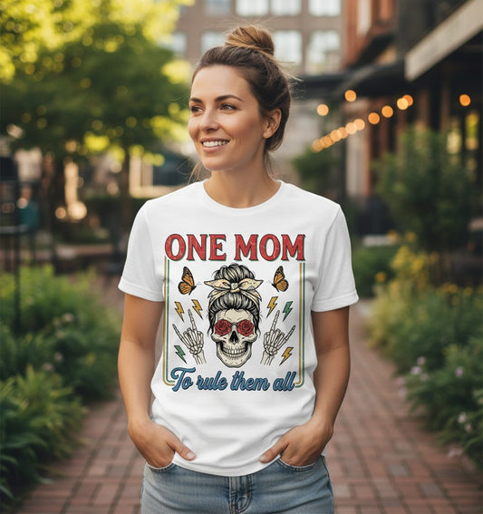 ONE MOM to Rule Them All Funny Skull T-Shirt - lifestyle model mockup - White