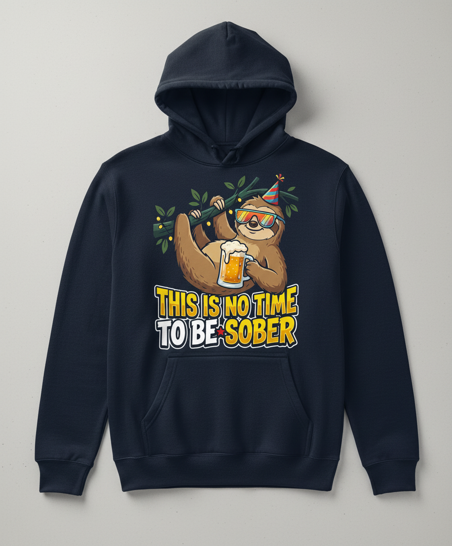 Funny Party Sloth Drinking Beer This Is No Time To Be Sober Hoodie - Navy