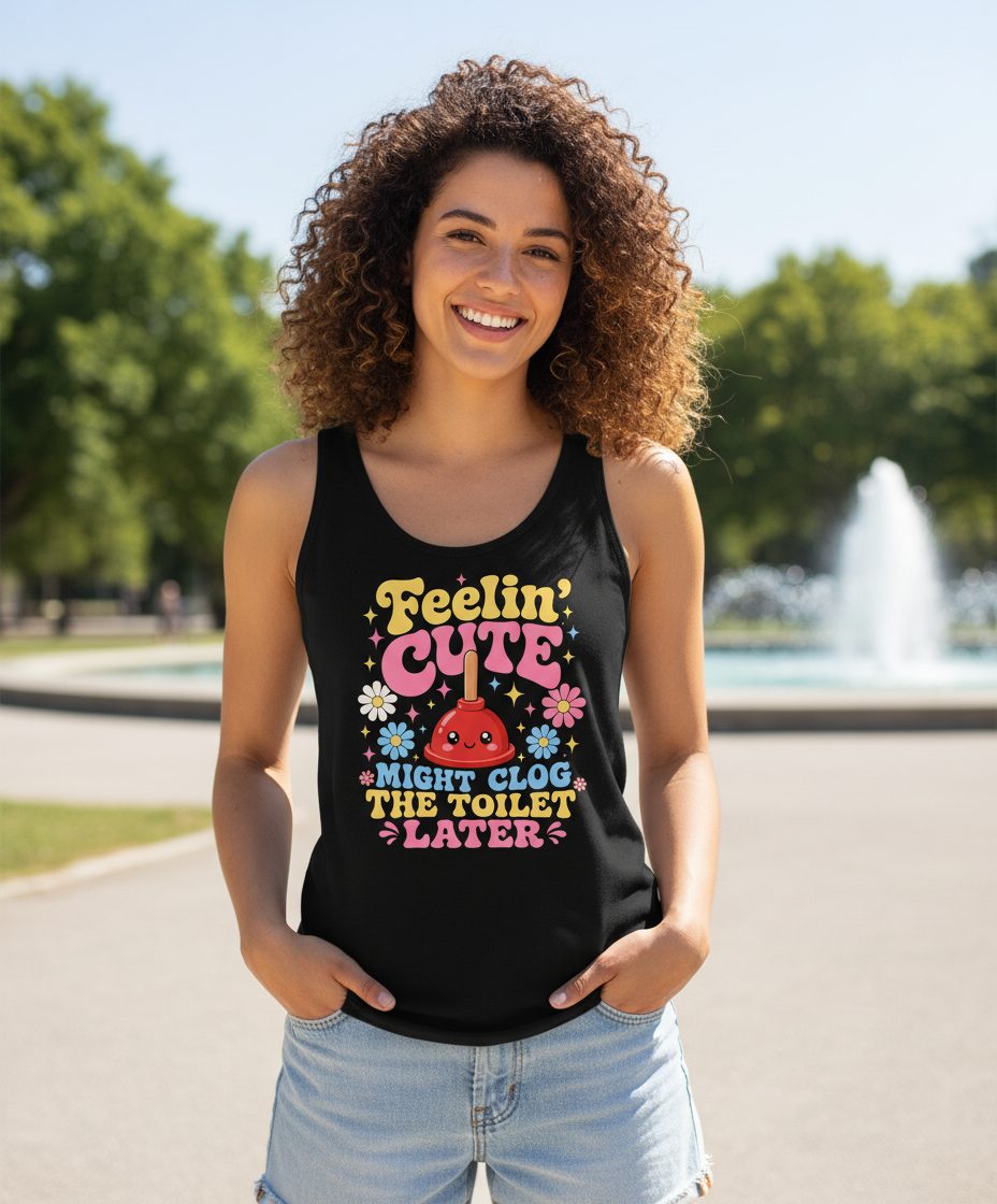 Feelin' Cute Might Clog the Toilet Later Funny Plunger Tank Top - lifestyle model mockup - Black