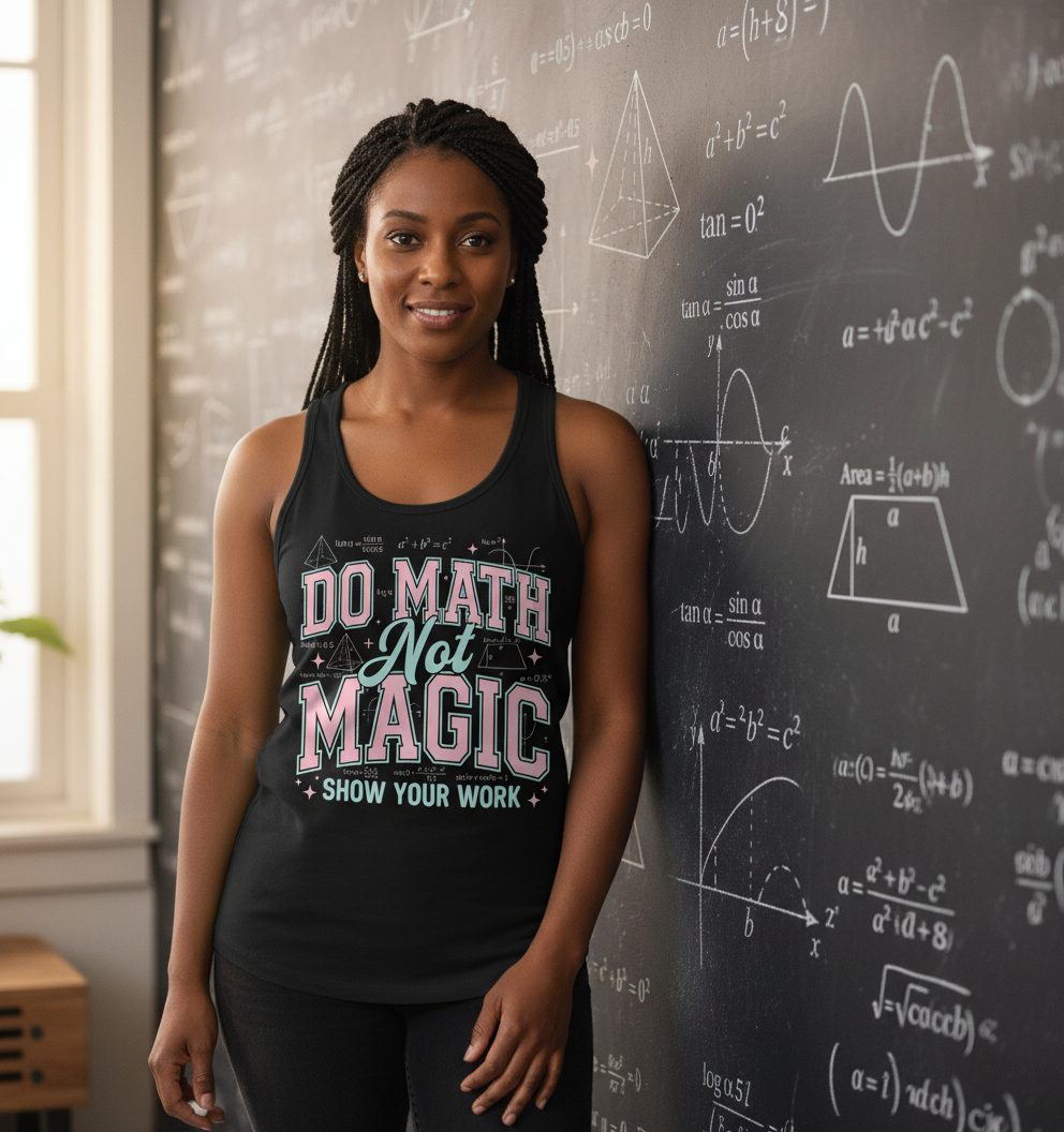 Do Math Not Magic Show Your Work Retro Teachers Tank Top - lifestyle model mockup - Black
