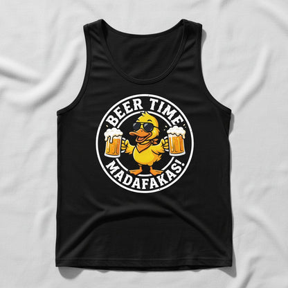 BEER TIME MADAFFAKAS! Funny Duck drinking beer Beer Time Madafakas Duck Tank Top - product mockup - Black