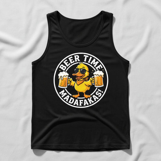 BEER TIME MADAFFAKAS! Funny Duck drinking beer Beer Time Madafakas Duck Tank Top - product mockup - Black