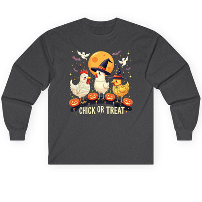 Chick or Treat Halloween chickens Long Sleeve Tee Dark Heather product mockup