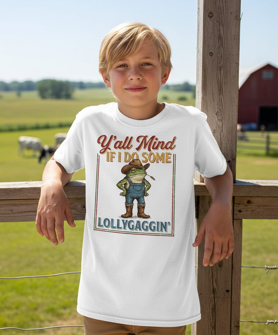 Y'all Mind If I Do Some Lollygaggin' Funny Cowboy Frog Youth T-Shirt - lifestyle model mockup - White