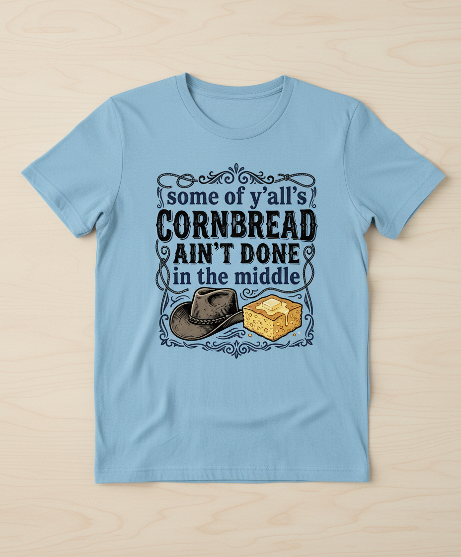 Cornbread Ain't Done In The Middle Funny Southern Quote T-Shirt - Light Blue