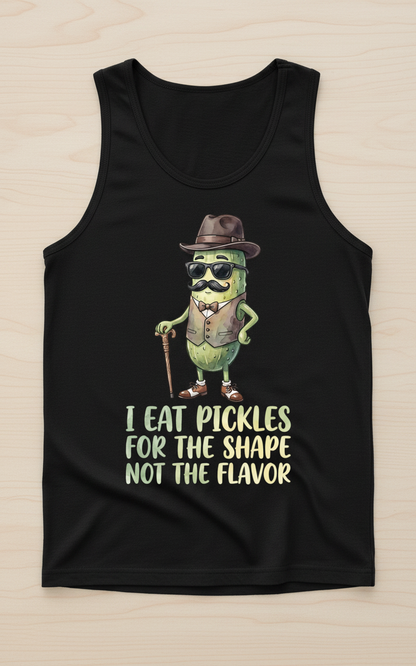 Funny Dapper Pickle 'I Eat Pickles For The Shape' Quote Tank Top - Black