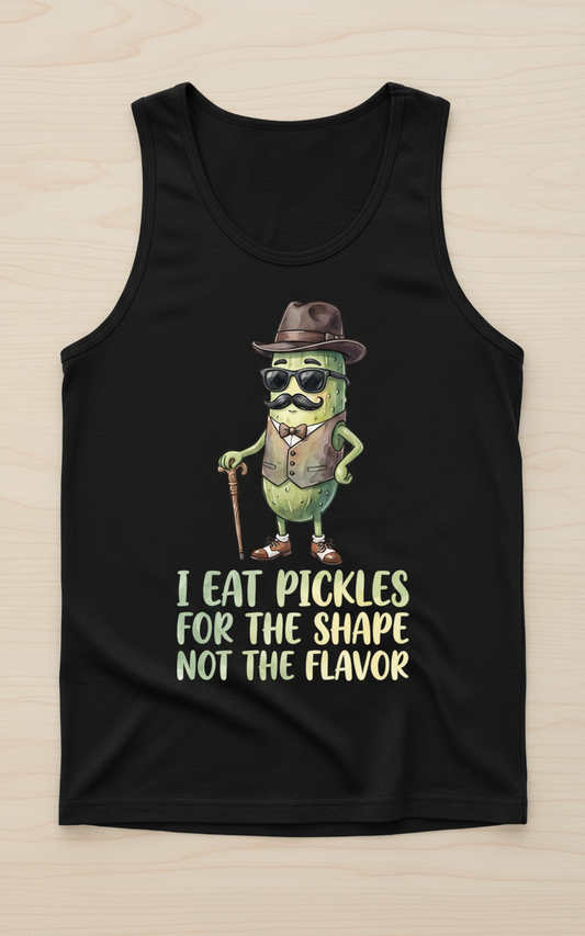 Funny Dapper Pickle 'I Eat Pickles For The Shape' Quote Tank Top - Black