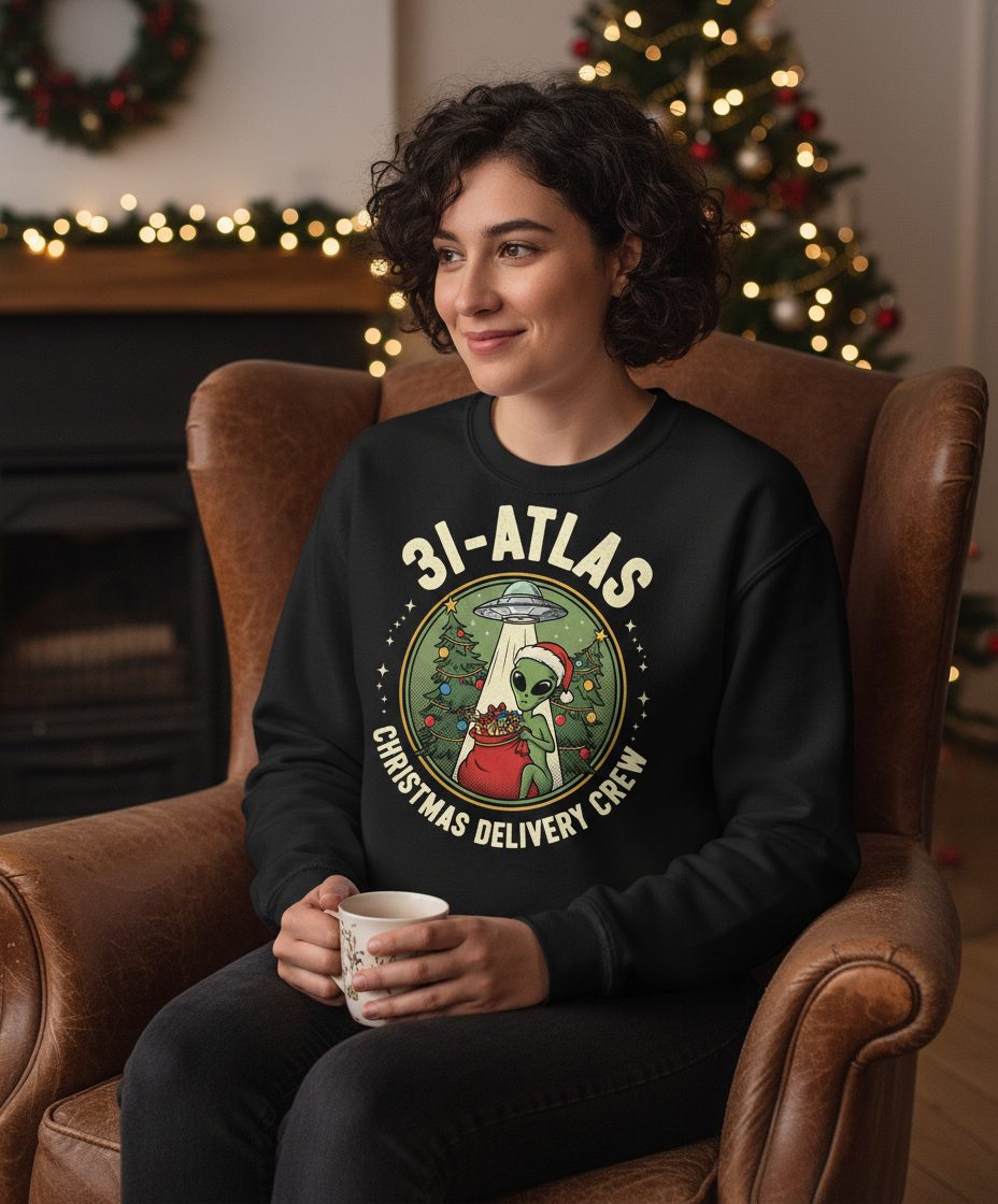 31-Atlas Christmas Delivery Crew alien Christmas Sweatshirt Black lifestyle mockup