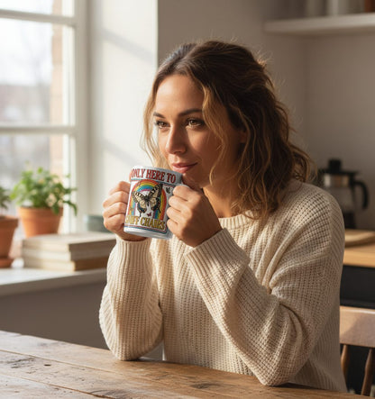 ONLY HERE TO SNIFF CHAIRS Funny Sarcastic Humor White Mug - lifestyle model mockup - White